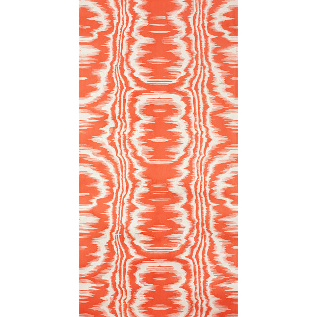 AMORE PIMENTO wallpaper by Raoul Textiles for Schumacher, hand-printed Japanese pulp paper in vibrant orange and white ikat pattern.