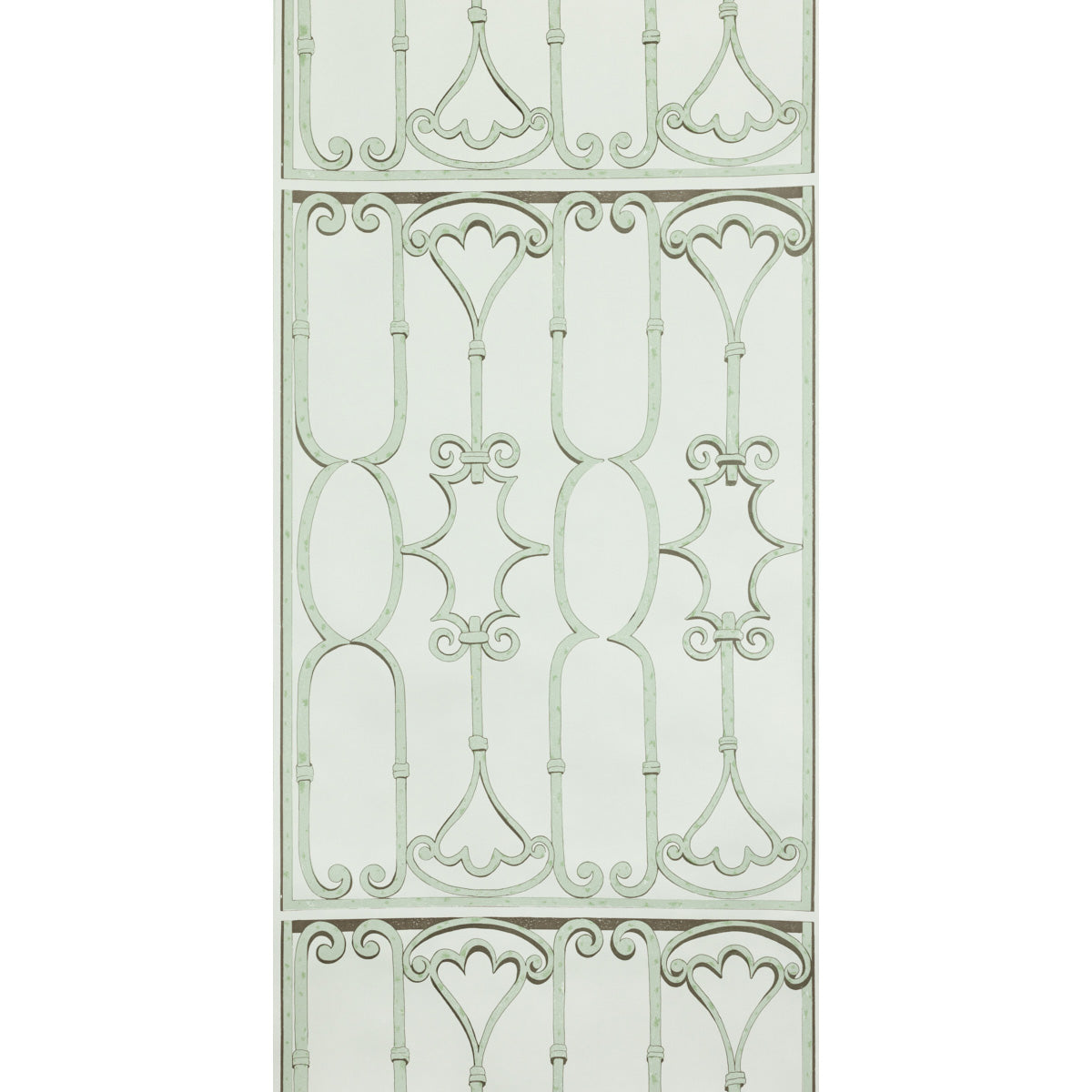 St. Germain Moss wallpaper by Raoul Textiles for Schumacher, featuring an artisanal hand-printed pattern reminiscent of decorative wrought iron in soft green tones.