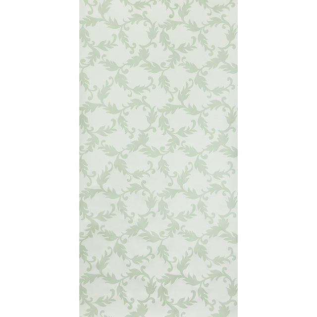 Cyril wallpaper in Robin's Egg by Raoul Textiles for Schumacher, featuring a hand-printed leafy scroll pattern on Japanese pulp paper.