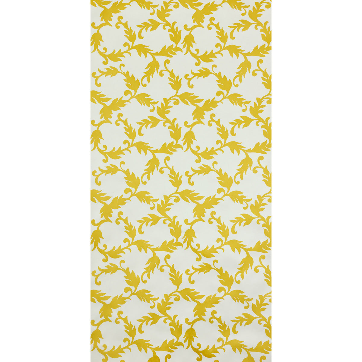 Cyril Sulphur by Raoul Textiles hand-printed wallpaper in yellow and white scroll pattern