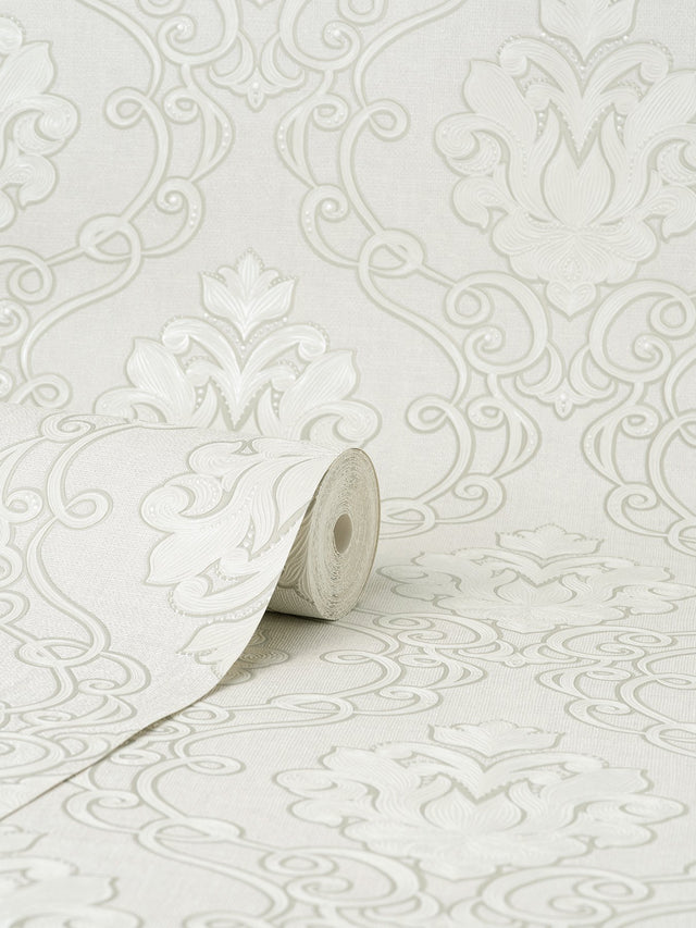 Florentine White Damask Textured Wallpaper with Traditional Damask Pattern - Fine Decor M95657