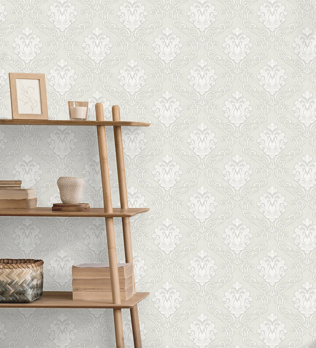 Florentine White Damask Textured Wallpaper with Traditional Damask Pattern - Fine Decor M95657
