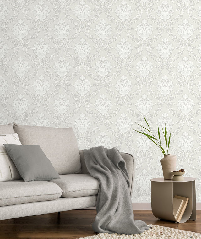 Florentine White Damask Textured Wallpaper with Traditional Damask Pattern - Fine Decor M95657
