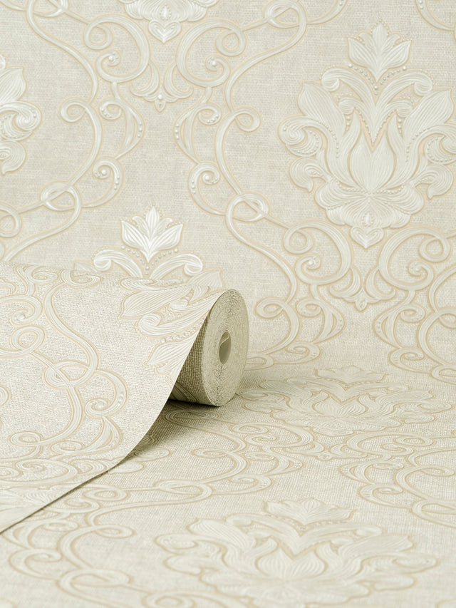 Florentine Neutral Damask Textured Wallpaper with Traditional Damask Pattern - Fine Decor M95658