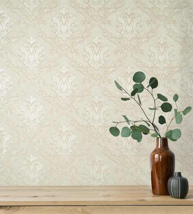 Florentine Neutral Damask Textured Wallpaper with Traditional Damask Pattern - Fine Decor M95658
