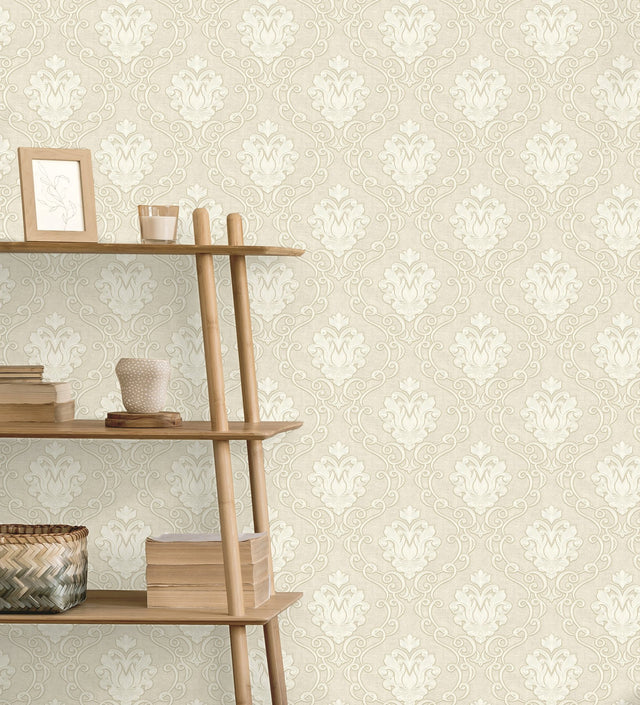 Florentine Neutral Damask Textured Wallpaper with Traditional Damask Pattern - Fine Decor M95658