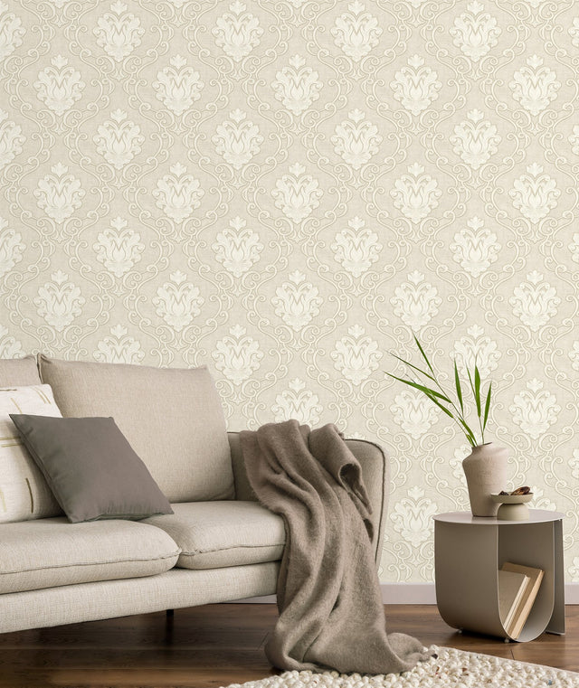 Florentine Neutral Damask Textured Wallpaper with Traditional Damask Pattern - Fine Decor M95658