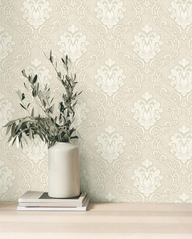 Florentine Neutral Damask Textured Wallpaper with Traditional Damask Pattern - Fine Decor M95658