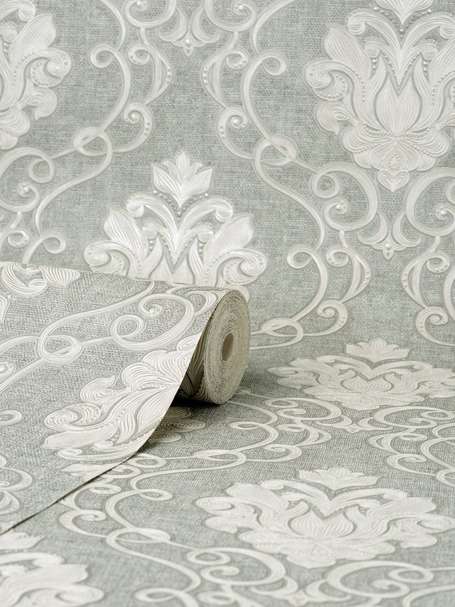 Florentine Grey Damask Textured Wallpaper with Traditional Damask Pattern - Fine Decor M95659