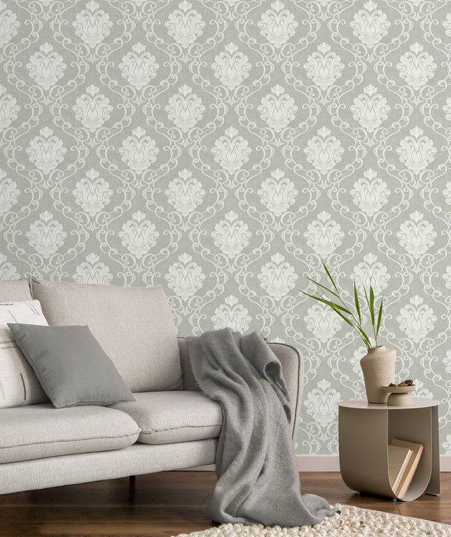 Florentine Grey Damask Textured Wallpaper with Traditional Damask Pattern - Fine Decor M95659