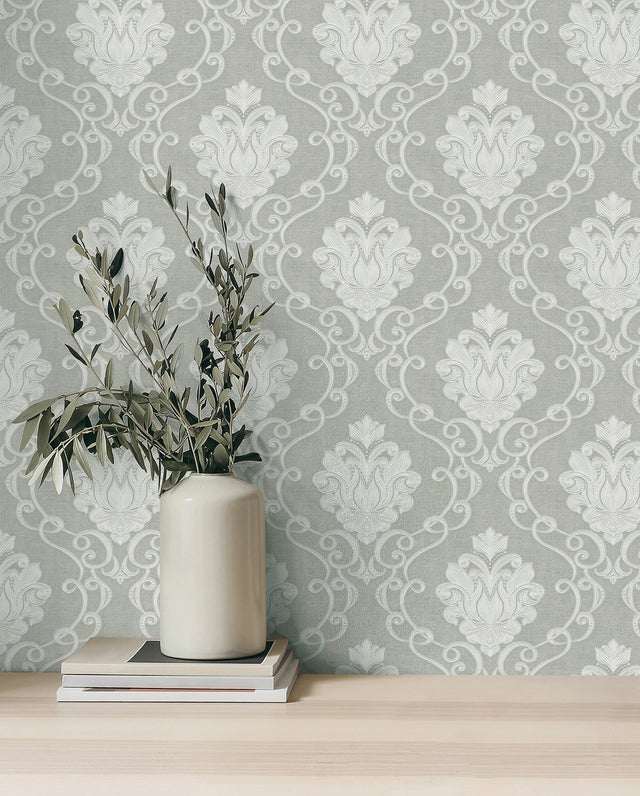 Florentine Grey Damask Textured Wallpaper with Traditional Damask Pattern - Fine Decor M95659