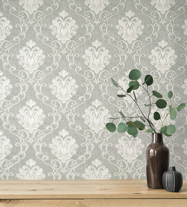 Florentine Grey Damask Textured Wallpaper with Traditional Damask Pattern - Fine Decor M95659