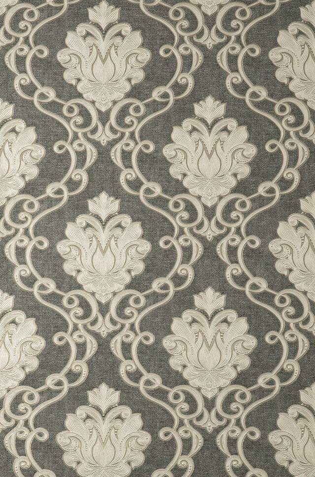 Florentine Charcoal Damask Textured Wallpaper with Traditional Graphic Motif - Brewster M95660