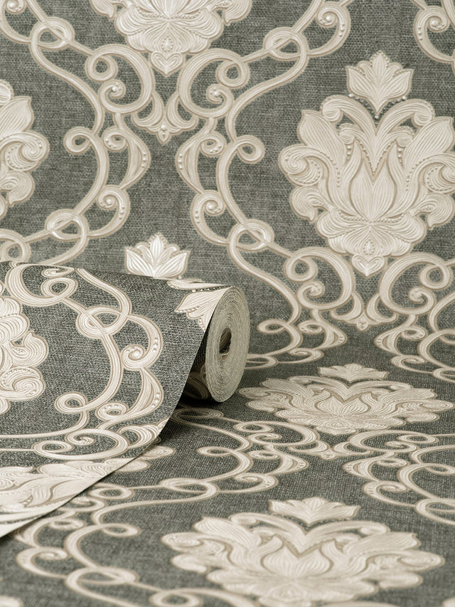 Florentine Charcoal Damask Textured Wallpaper with Traditional Graphic Motif - Brewster M95660