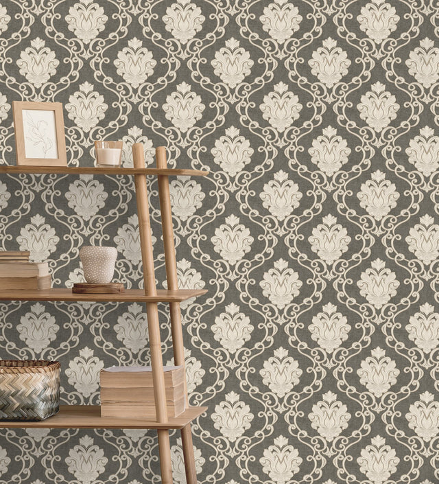 Florentine Charcoal Damask Textured Wallpaper with Traditional Graphic Motif - Brewster M95660