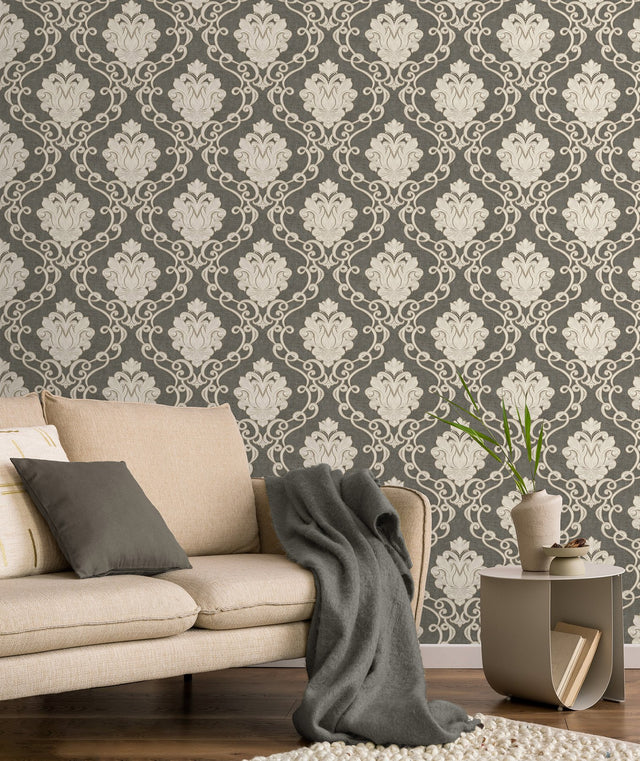 Florentine Charcoal Damask Textured Wallpaper with Traditional Graphic Motif - Brewster M95660