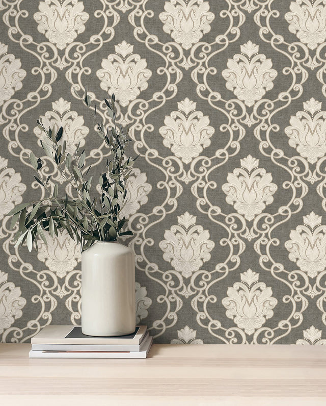 Florentine Charcoal Damask Textured Wallpaper with Traditional Graphic Motif - Brewster M95660