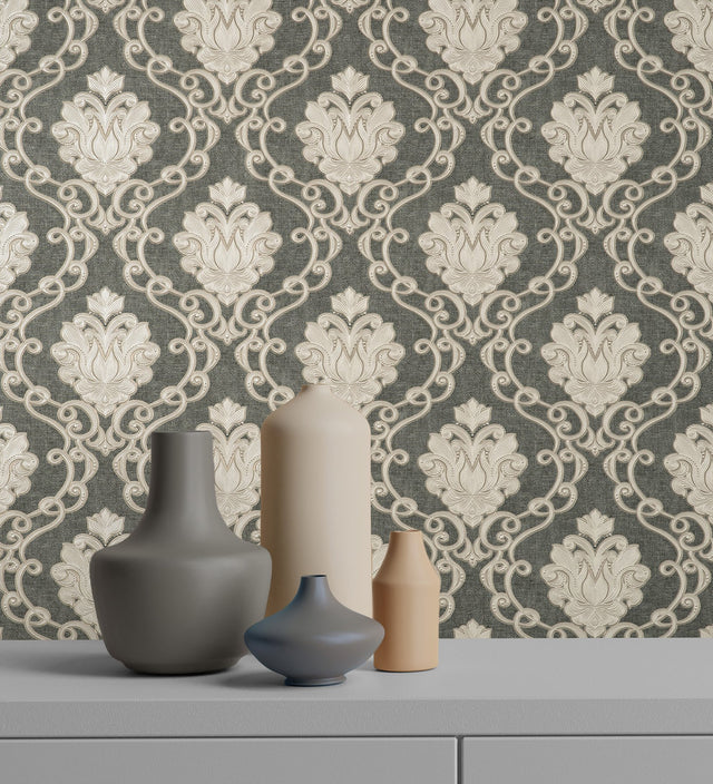 Florentine Charcoal Damask Textured Wallpaper with Traditional Graphic Motif - Brewster M95660