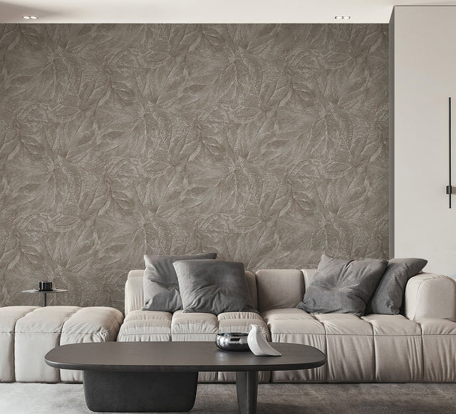 Aspen Stone Leaf Textured Heavy Weight Vinyl Wallpaper with Modern Botanical Leaves Pattern - Fine Decor M95661