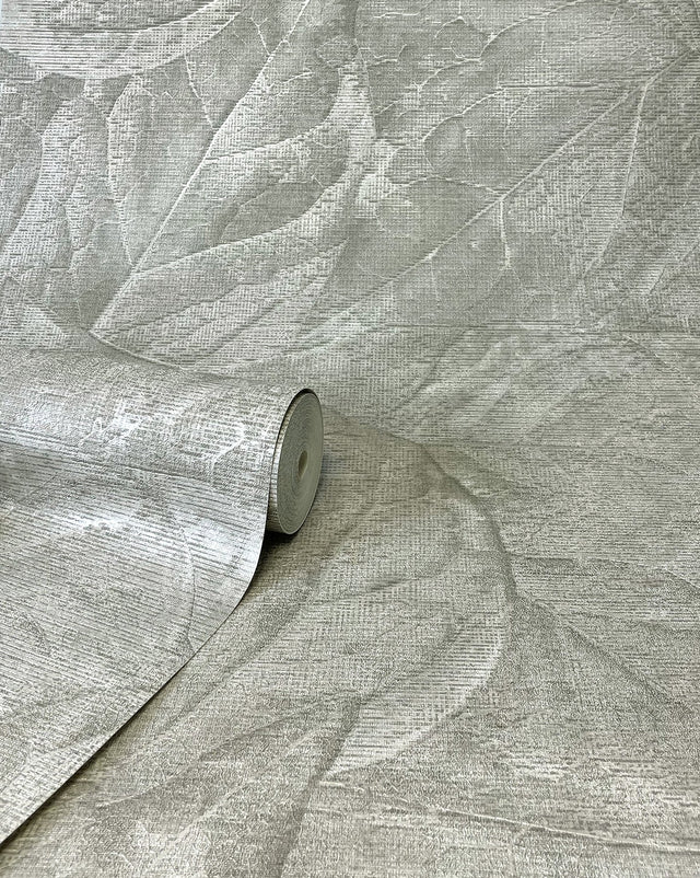 Aspen Sterling Leaf Textured Grey Wallpaper with Botanical Leaves Motif - Fine Decor M95663