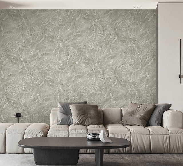 Aspen Sterling Leaf Textured Grey Wallpaper with Botanical Leaves Motif - Fine Decor M95663