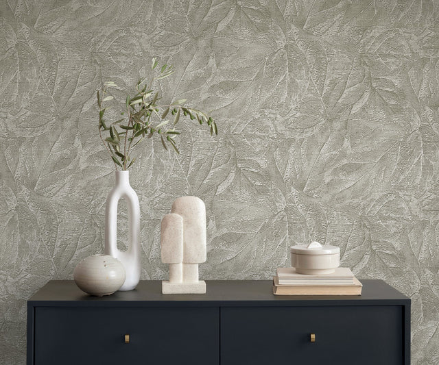 Aspen Sterling Leaf Textured Grey Wallpaper with Botanical Leaves Motif - Fine Decor M95663
