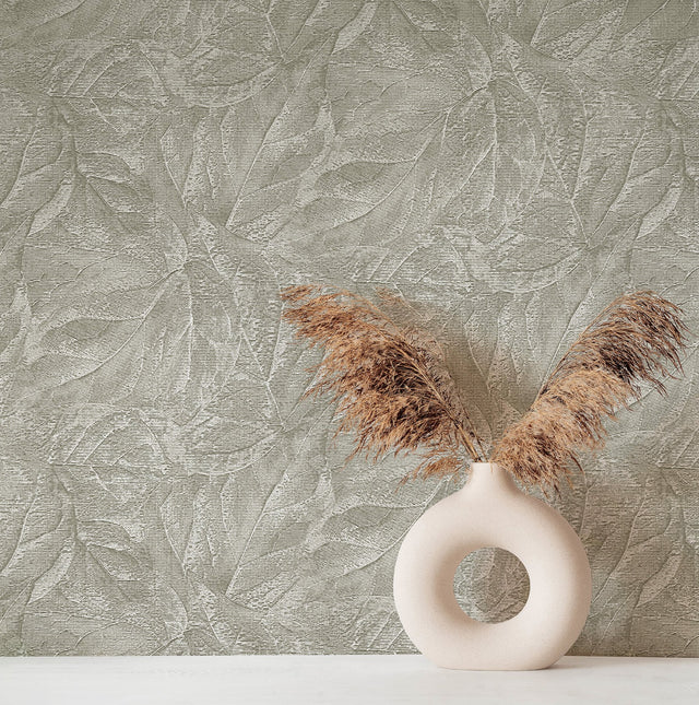 Aspen Sterling Leaf Textured Grey Wallpaper with Botanical Leaves Motif - Fine Decor M95663