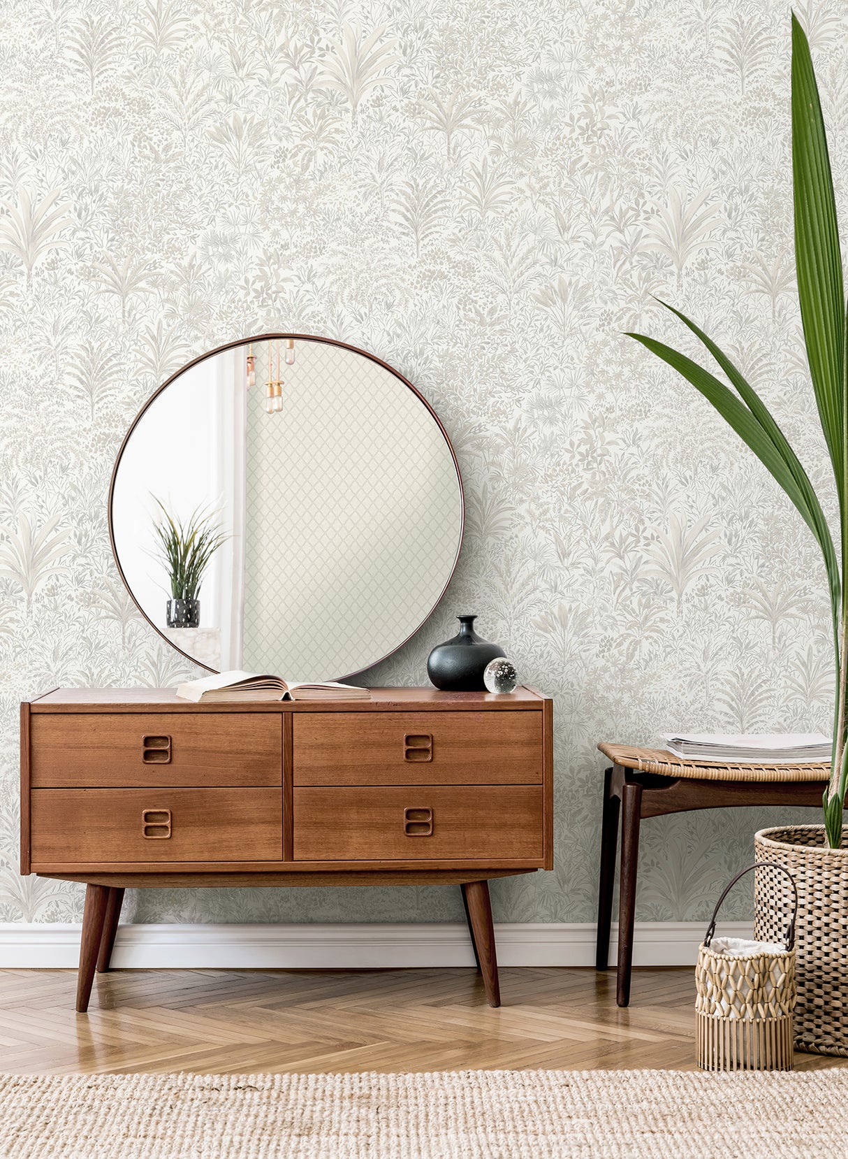 Meilani White & Silver by Fine Decor Palm Landscape Wallpaper – Brewster Home Fashions M95677