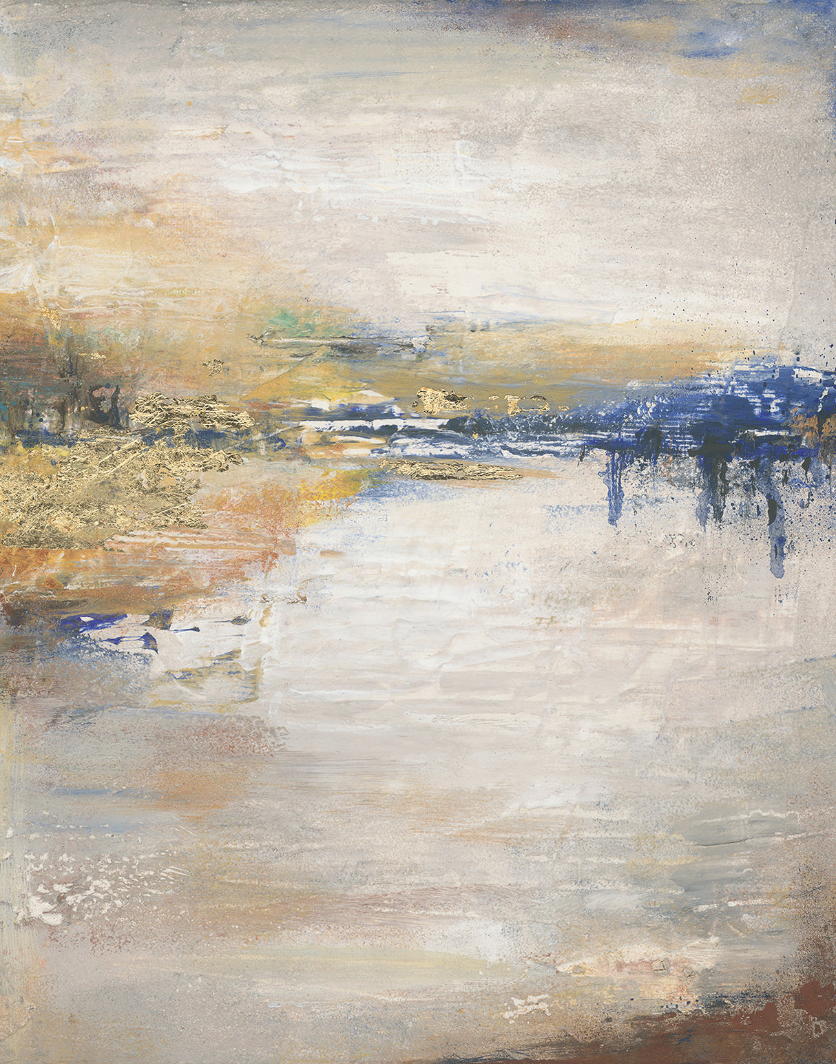 Crystal Lake abstract multicolor wall mural by Antonina Vella showing a silver lake with blue and gold accents