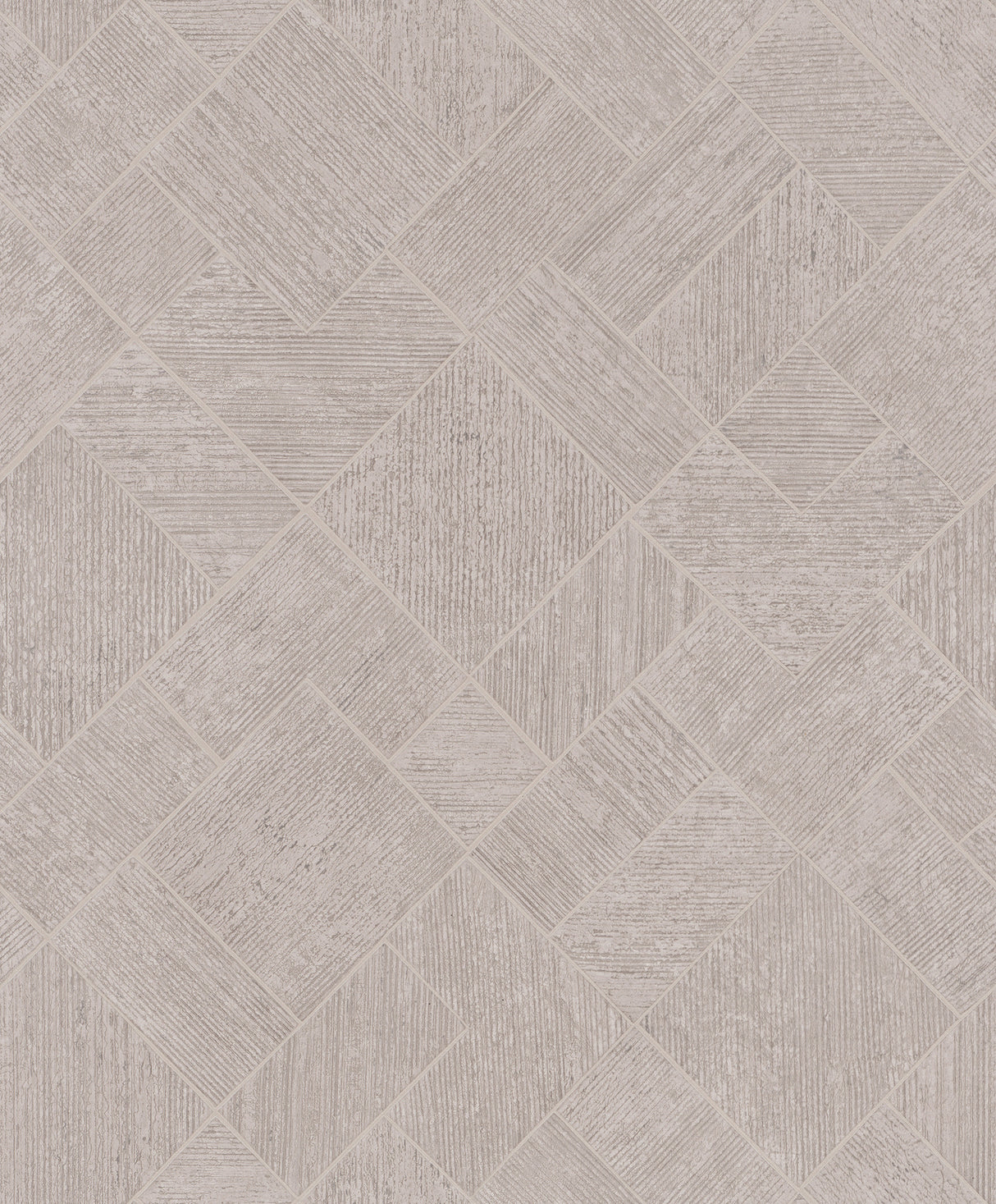 Antonina Vella Marquetry Grey Tile Wallpaper roll and room scenes in pearlescent grey geometric tile pattern.