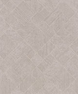Antonina Vella Marquetry Grey Tile Wallpaper roll and room scenes in pearlescent grey geometric tile pattern.
