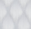 Starfall Grey Metallic Ikat Wallpaper roll with shimmering silver accents and large-scale diamond damask.