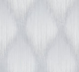 Starfall Grey Metallic Ikat Wallpaper roll with shimmering silver accents and large-scale diamond damask.
