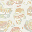York Wallcoverings Staden Grey Wallpaper featuring whimsical towns, cars, and gardens on a light grey background.