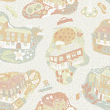 York Wallcoverings Staden Grey Wallpaper featuring whimsical towns, cars, and gardens on a light grey background.