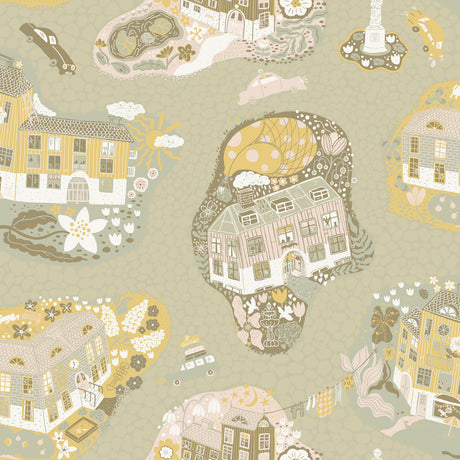York Wallcoverings Staden Mustard wallpaper featuring whimsical houses, cars and gardens in mustard and soft pastel tones
