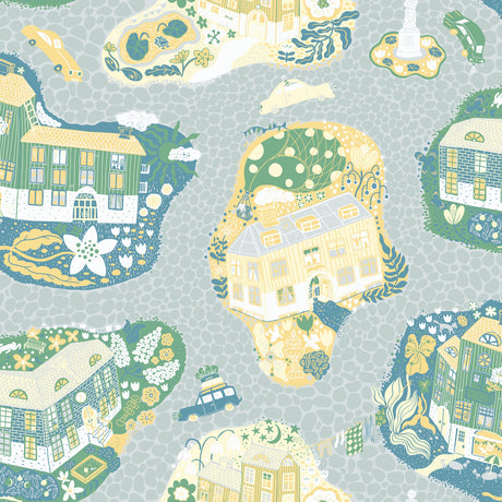 Staden Light Blue whimsical town and cars wallpaper by York Wallcoverings