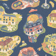 Staden Dark Blue wallpaper room scene with whimsical houses and cars