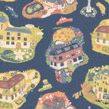 Staden Dark Blue wallpaper room scene with whimsical houses and cars