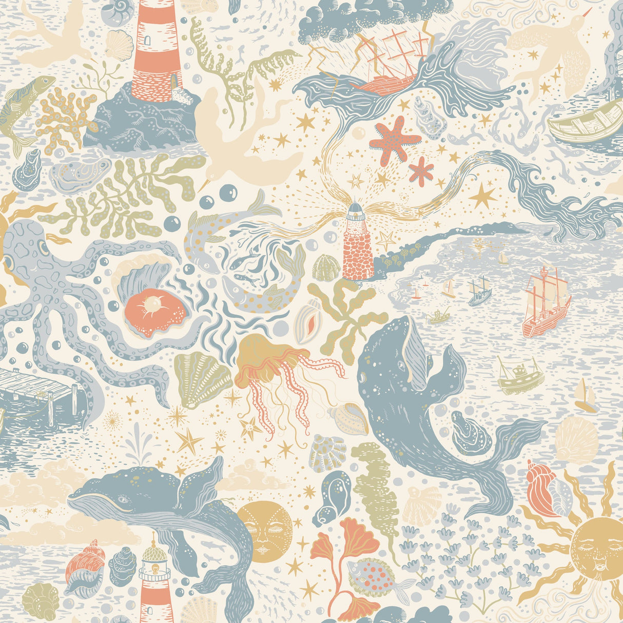 York Wallcoverings Havet Multi Wallpaper MB29015 sample with whimsical sea creatures