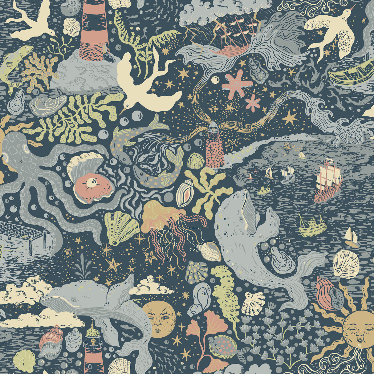 Havet Dark Blue ocean-themed wallpaper with whimsical sea creatures – York Wallcoverings MB29018