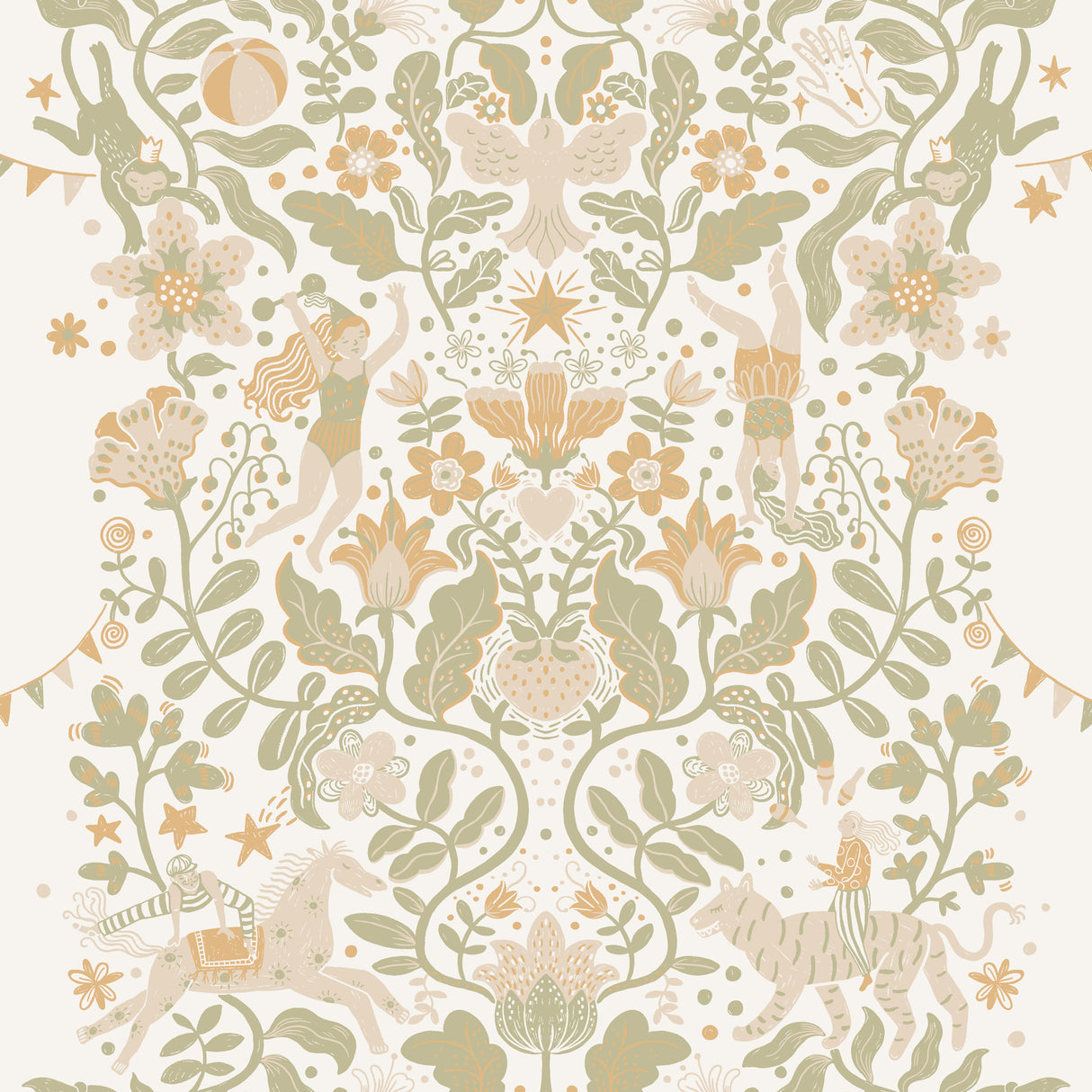 Cirkus Moss Wallpaper by York Wallcoverings MB29025 - Whimsical Circus Performers, Animals and Floral Vines in Mossy Green