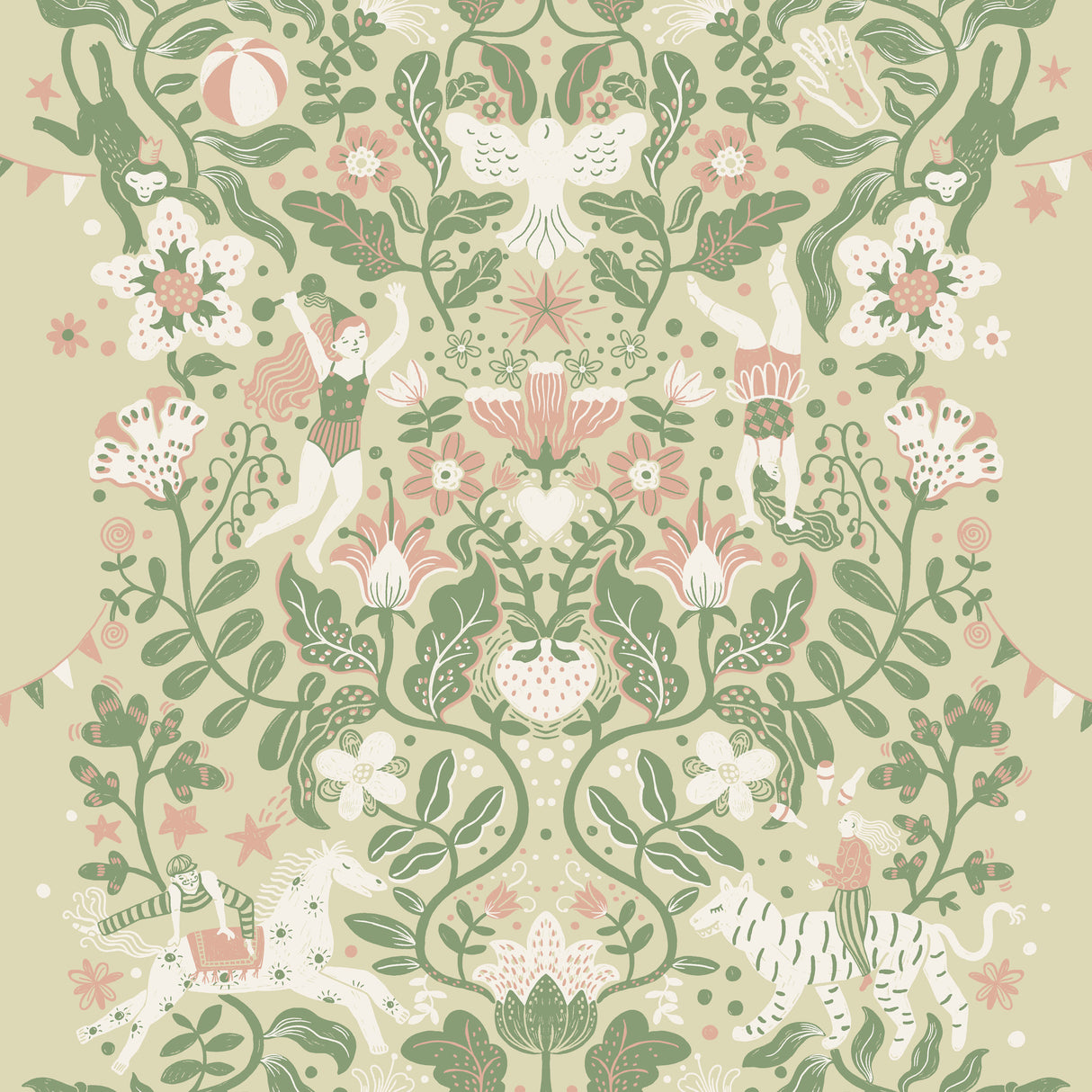 Cirkus Light Green Wallpaper by York Wallcoverings - Whimsical Circus Performers, Animals, and Floral Vines Pattern MB29026