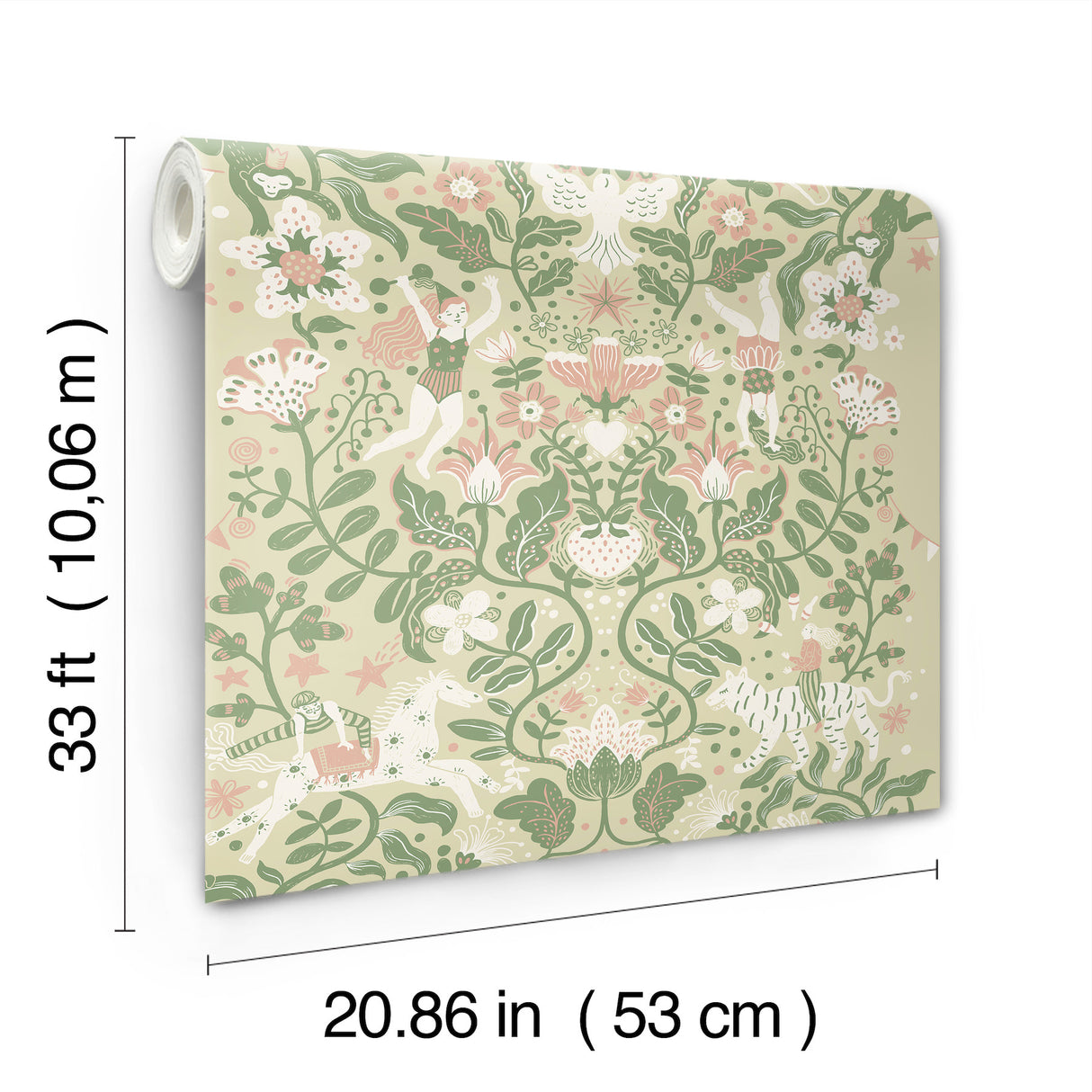 Cirkus Light Green by York Wallcoverings Daydream Collection Whimsical Circus Performers with Animals and Floral Vines Wallpaper - MB29026