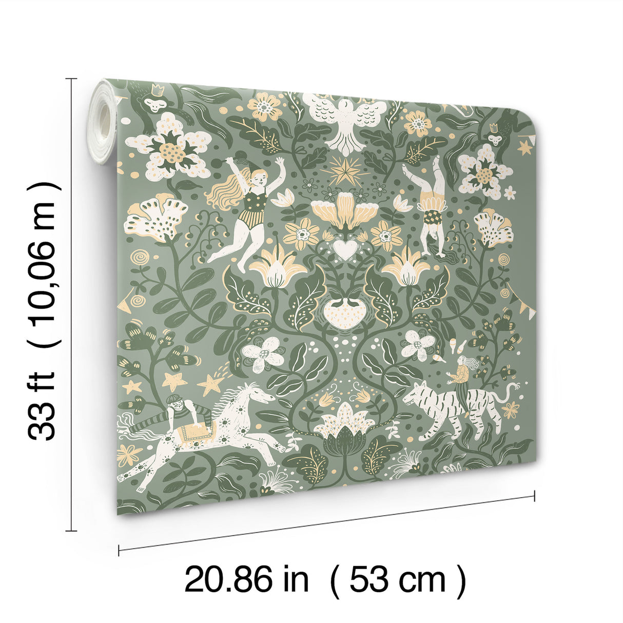 Cirkus Sea Green by York Wallcoverings Daydream Collection Whimsical Circus Performers Acrobats Animals Floral Vine Non Woven Wallpaper MB29027