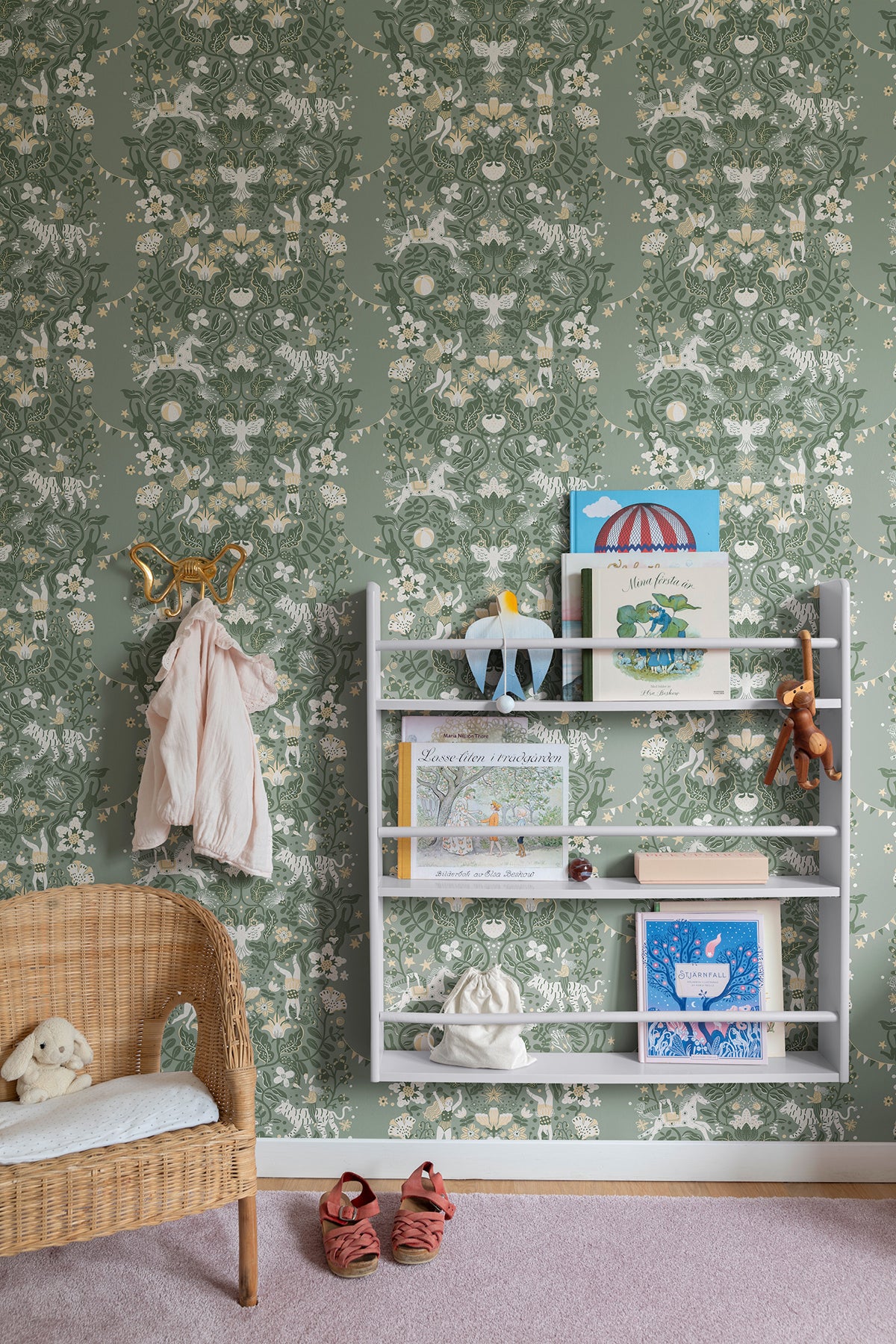 Cirkus Sea Green by York Wallcoverings Daydream Collection Whimsical Circus Performers Acrobats Animals Floral Vine Non Woven Wallpaper MB29027