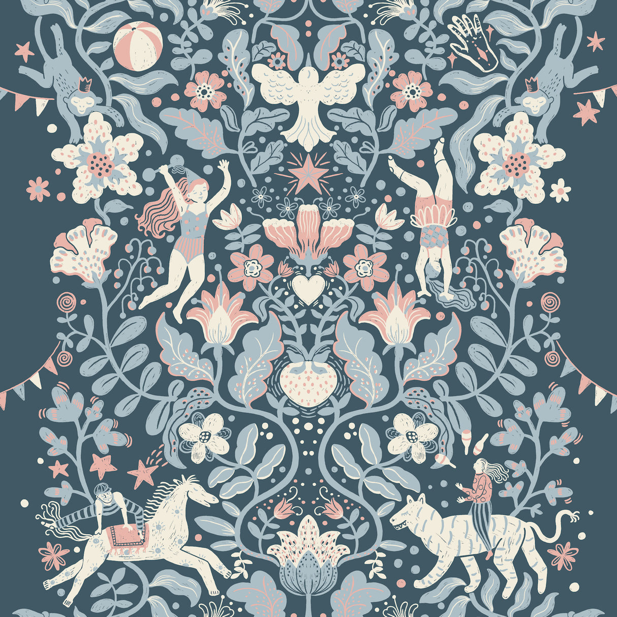 Cirkus Blue wallpaper MB29028 by York Wallcoverings with whimsical circus animals and florals