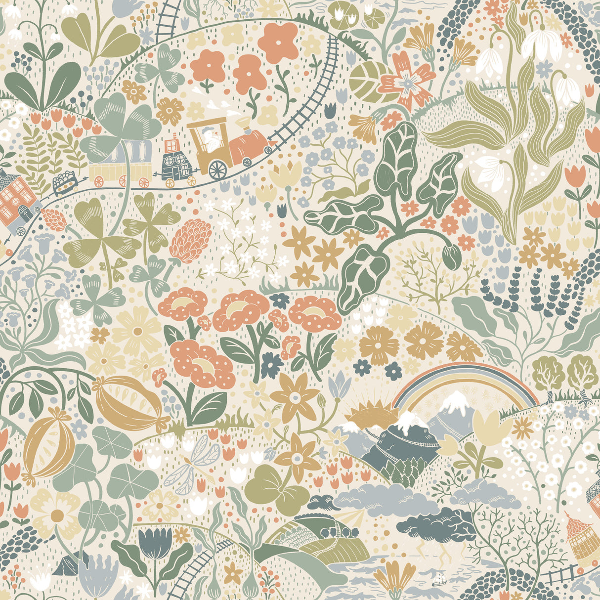 Taget Green Whimsical Botanical Wallpaper by York Wallcoverings featuring trains, flowers, rainbows and landscapes - MB29029