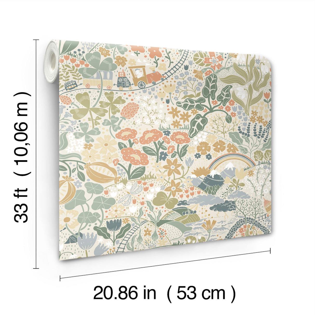 Taget Green by York Wallcoverings Daydream Collection Whimsical Botanical Landscape Wallpaper Featuring Trains Flowers and Rainbows - MB29029