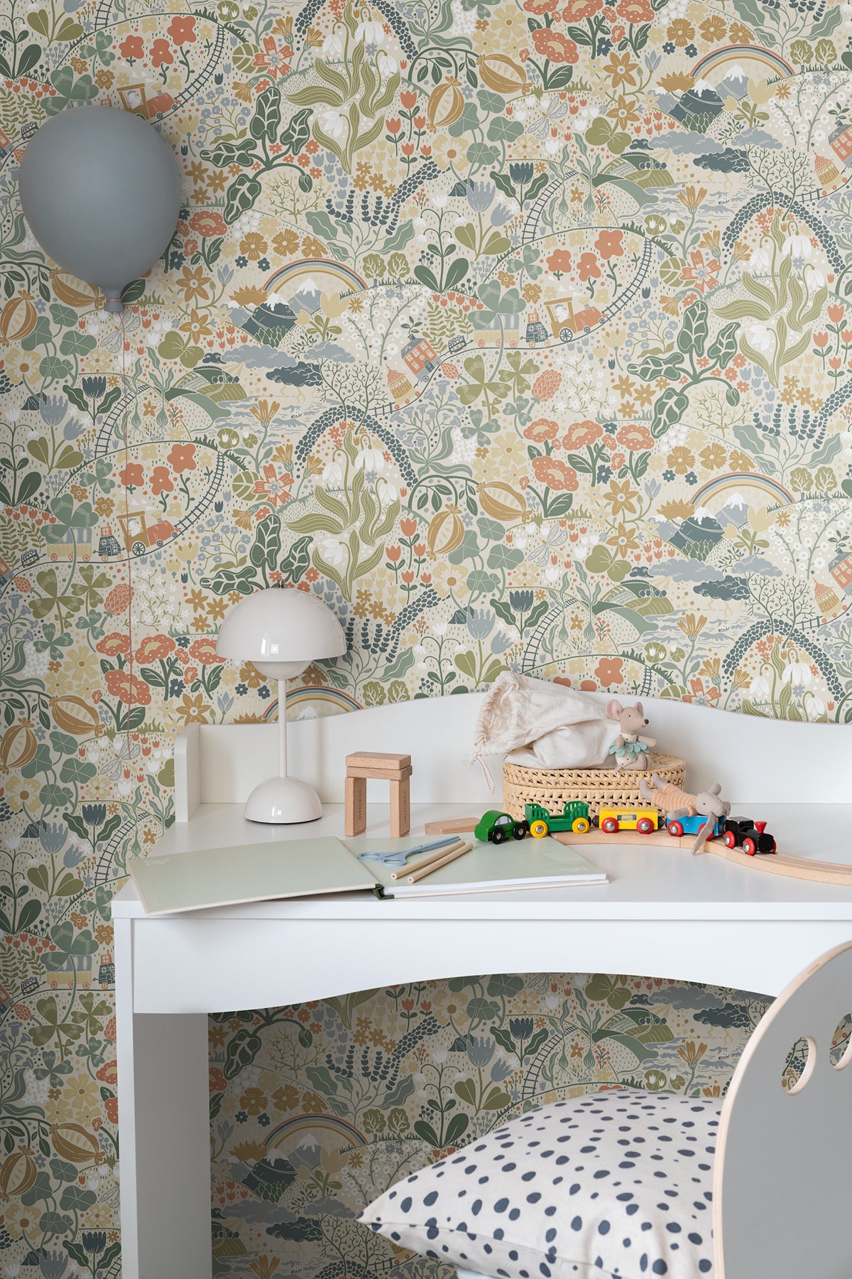 Taget Green by York Wallcoverings Daydream Collection Whimsical Botanical Landscape Wallpaper Featuring Trains Flowers and Rainbows - MB29029